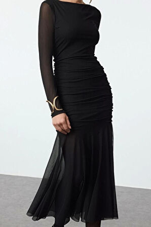 Moda Stil Fitted Kayık Yaka Midi Boy Vücuda Oturan Tül Elbise