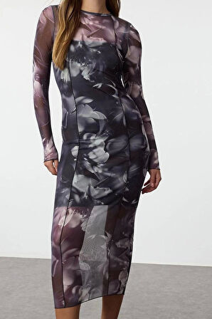 Moda Stil Slim Bisiklet Yaka Midi Boy Tül Astarlı Vücuda Oturan Örme Elbise