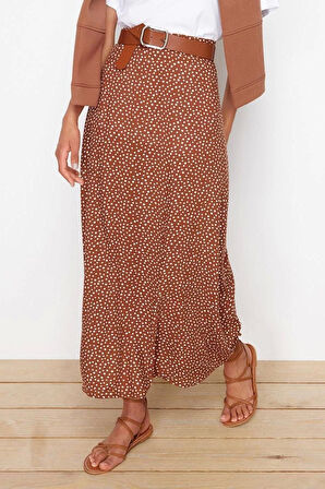 Moda Tesettür Regular Çiçekli Desen Günlük Maxi Boy Puantiye Desenli Çan Dokuma Etek