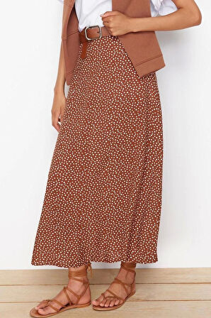 Moda Tesettür Regular Çiçekli Desen Günlük Maxi Boy Puantiye Desenli Çan Dokuma Etek