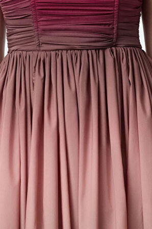 Moda Stil Fitted Straplez Midi Boy Degrade Desenli Balon Etek Detaylı Poplin Elbise