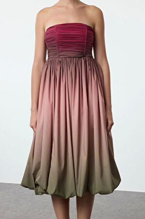 Moda Stil Fitted Straplez Midi Boy Degrade Desenli Balon Etek Detaylı Poplin Elbise