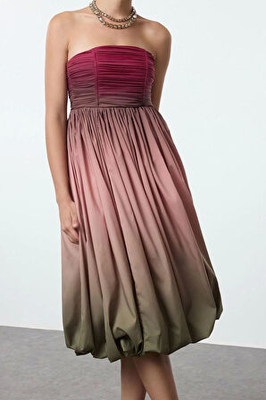 Moda Stil Fitted Straplez Midi Boy Degrade Desenli Balon Etek Detaylı Poplin Elbise