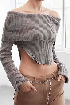 Stil Modern Kadın Regular Standart Kol Carmen Yaka Fitilli Triko Kazak