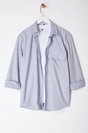 Şık Düz Desen Gömlek Yaka Limited Edition Oversize Fit Cep Detaylı %100 Pamuk Gömlek