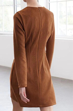 Moda Stil Regular Bisiklet Yaka Mini Boy Limited Edition Aksesuar Detaylı Süet Kışlık Dokuma Elbise