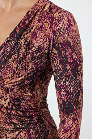 Moda Stil Slim V Yaka Midi Boy Büzgü Drape Detaylı Vücuda Oturan Örme Elbise