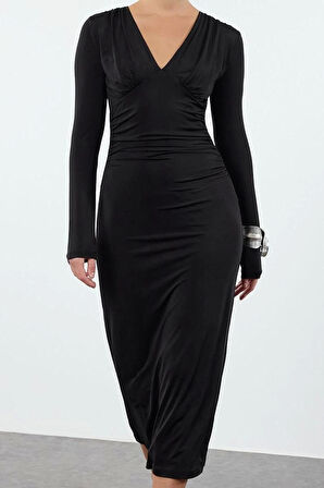 Moda Stil Slim V Yaka Midi Boy Büzgü Drape Detaylı Vücuda Oturan Örme Elbise