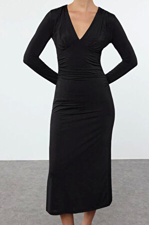 Moda Stil Slim V Yaka Midi Boy Büzgü Drape Detaylı Vücuda Oturan Örme Elbise