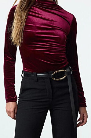 Stil Kadın Kadife Drapeli Fitted Vücuda Oturan Boy Bluz Regular Örme Slim Kalıp