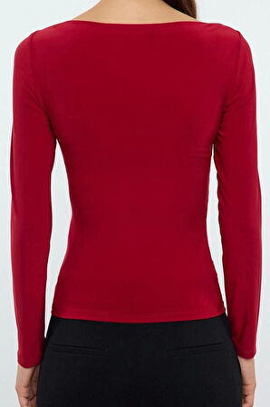 Stil Kadın Drapeli Vücuda Oturan Esnek Bluz Regular Örme Slim Kalıp