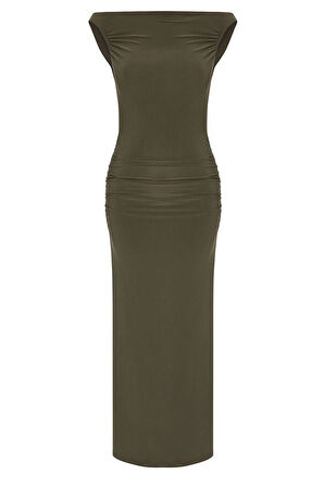 Moda Stil Fitted Carmen Yaka Midi Boy Vücuda Oturan Örme Şık Abiye Elbise