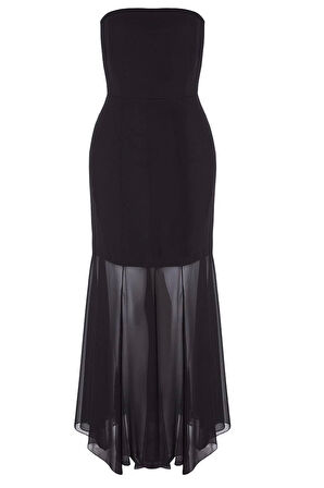 Moda Stil Fitted Straplez Maxi Boy Şifon Dokuma Şık Abiye Elbise