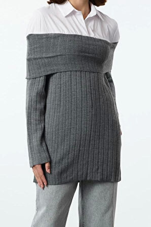 Kadın Modern Tarz Rahat Uzun Kayık Yaka Düz Kol Regular Triko Kazak