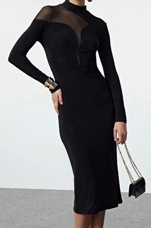 Moda Stil Fitted Dik Yaka Midi Boy Vücuda Oturan Yaka Detaylı Örme Şık Abiye Elbise