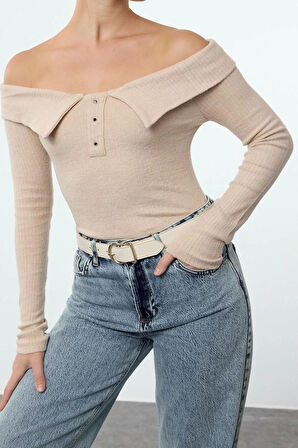 Stil Kadın Fitted Vücuda Oturan Çıtçıtlı Yaka Detaylı Fitilli Esnek Bluz Regular Slim Kalıp