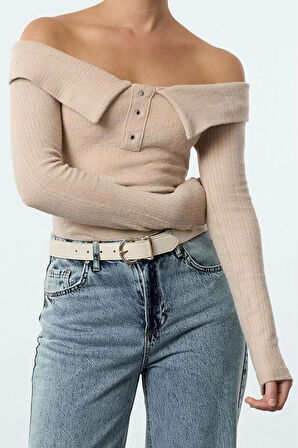 Stil Kadın Fitted Vücuda Oturan Çıtçıtlı Yaka Detaylı Fitilli Esnek Bluz Regular Slim Kalıp