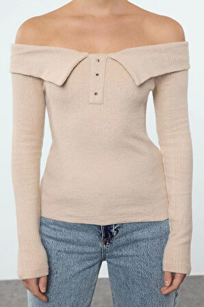 Stil Kadın Fitted Vücuda Oturan Çıtçıtlı Yaka Detaylı Fitilli Esnek Bluz Regular Slim Kalıp