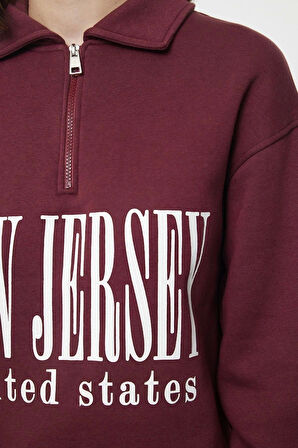 Oversize Fermuarlı Yaka Uzun Kalıp Kalın Polarlı Slogan Baskılı Fermuarlı Örme Sweatshirt