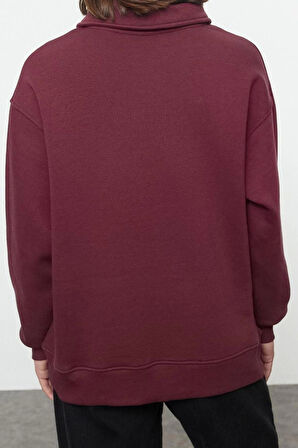 Oversize Fermuarlı Yaka Uzun Kalıp Kalın Polarlı Slogan Baskılı Fermuarlı Örme Sweatshirt