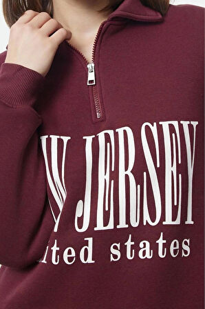 Oversize Fermuarlı Yaka Uzun Kalıp Kalın Polarlı Slogan Baskılı Fermuarlı Örme Sweatshirt