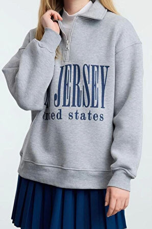 Oversize Fermuarlı Yaka Uzun Kalıp Kalın Polarlı Slogan Baskılı Fermuarlı Örme Sweatshirt