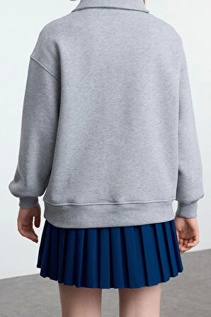 Oversize Fermuarlı Yaka Uzun Kalıp Kalın Polarlı Slogan Baskılı Fermuarlı Örme Sweatshirt