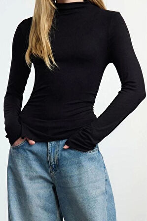 Stil Kadın Fitted Büzgü Drape Detaylı Bluz Crop Örme Slim Kalıp