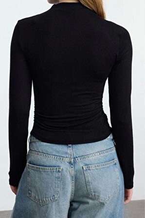 Stil Kadın Fitted Büzgü Drape Detaylı Bluz Crop Örme Slim Kalıp