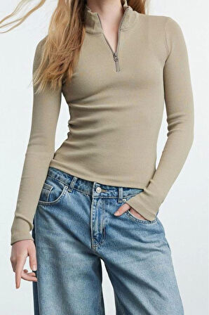 Stil Kadın Fitted vücuda Oturan Esnek Bluz Regular Örme Slim Kalıp