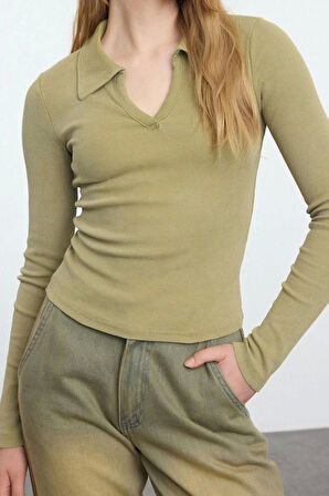 Stil Kadın Eskitme Soluk Efektli Vücuda Oturan Fitilli Esnek Bluz Crop Örme Slim Kalıp
