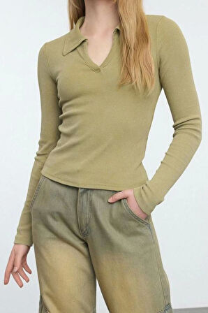 Stil Kadın Eskitme Soluk Efektli Vücuda Oturan Fitilli Esnek Bluz Crop Örme Slim Kalıp