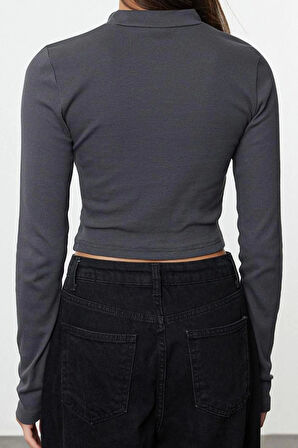 Stil Kadın Yıkamalı Fitted Vücuda Oturan Fitilli Esnek Bluz Crop Örme Slim Kalıp