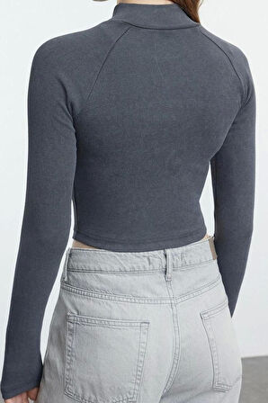 Stil Kadın Yıkamalı Fermuarlı Fitted Vücuda Oturan Fitilli Esnek Bluz Regular Örme Slim Kalıp