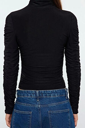 Stil Kadın Büzgü Drape Detaylı Vücuda Oturan Bluz Regular Örme Fitted Kalıp