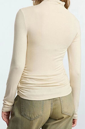 Stil Kadın Fitted Büzgü Drape Detaylı Bluz Crop Örme Slim Kalıp