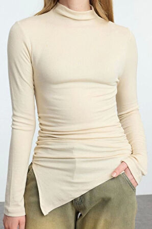 Stil Kadın Fitted Büzgü Drape Detaylı Bluz Crop Örme Slim Kalıp