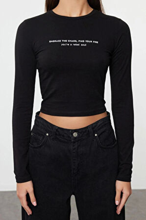 Stil Kadın Baskılı Vücuda Oturan Esnek Bluz Crop Örme Slim Kalıp