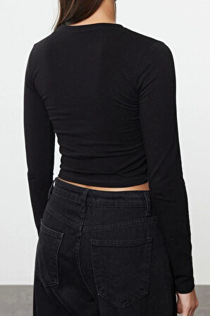 Stil Kadın Baskılı Vücuda Oturan Esnek Bluz Crop Örme Slim Kalıp