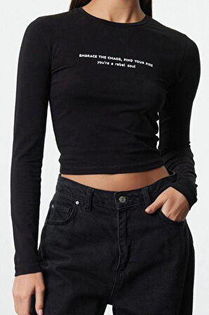 Stil Kadın Baskılı Vücuda Oturan Esnek Bluz Crop Örme Slim Kalıp