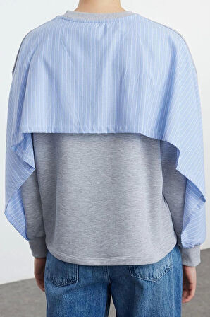 Tarz Relaxed Bisiklet Yaka Düşük Kol Regular Poplin Detaylı Rahat Kalıp Örme Sweatshirt