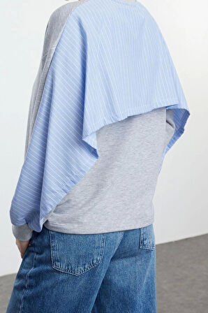 Tarz Relaxed Bisiklet Yaka Düşük Kol Regular Poplin Detaylı Rahat Kalıp Örme Sweatshirt