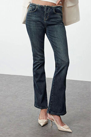 Stil Kadın Moda Denim Kot Pantolon Uzun İspanyol Paça Soluk Vintage Püsküllü Düşük Bel Crop Jeans