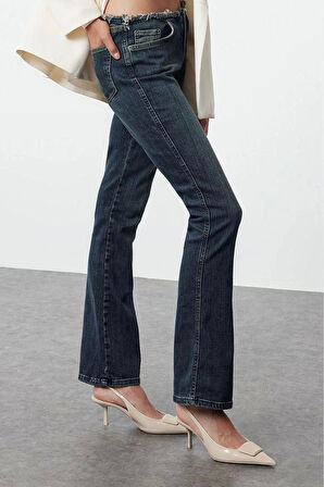 Stil Kadın Moda Denim Kot Pantolon Uzun İspanyol Paça Soluk Vintage Püsküllü Düşük Bel Crop Jeans