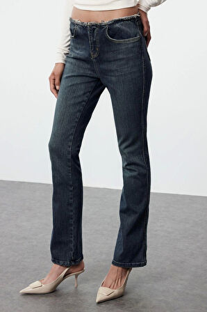 Stil Kadın Moda Denim Kot Pantolon Uzun İspanyol Paça Soluk Vintage Püsküllü Düşük Bel Crop Jeans