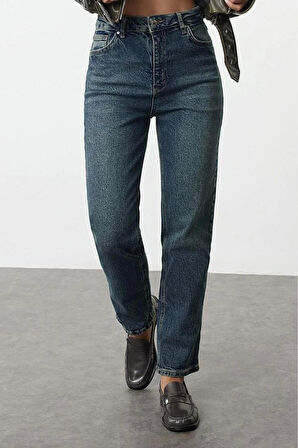 Stil Kadın Moda Denim Kot Pantolon Uzun Boru Paça Gece Mavisi Yüksek Bel Straight Fit Jeans