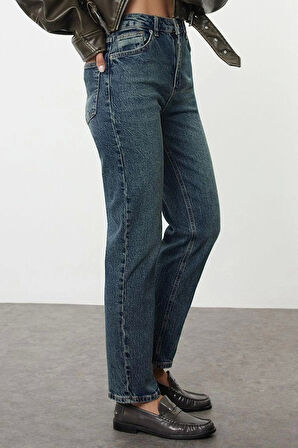 Stil Kadın Moda Denim Kot Pantolon Uzun Boru Paça Gece Mavisi Yüksek Bel Straight Fit Jeans