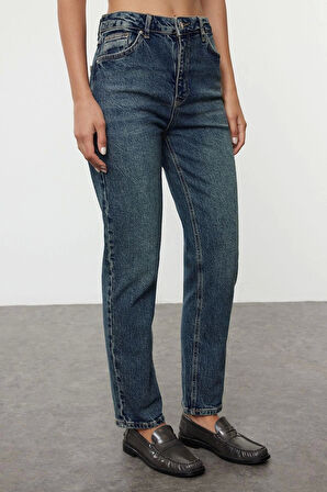 Stil Kadın Moda Denim Kot Pantolon Uzun Boru Paça Gece Mavisi Yüksek Bel Straight Fit Jeans
