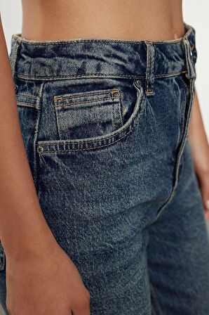 Stil Kadın Moda Denim Kot Pantolon Uzun Boru Paça Gece Mavisi Yüksek Bel Straight Fit Jeans