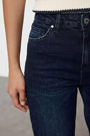 Stil Kadın Moda Denim Kot Pantolon Uzun Boru Paça Gece Mavisi Yüksek Bel Straight Fit Jeans